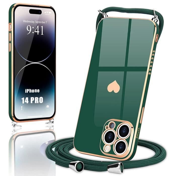 Coque Cordon pour iPhone 14 Pro Vert Nuit Antichoc Motif Cœur Anti-Rayures Ultra Slim Léger