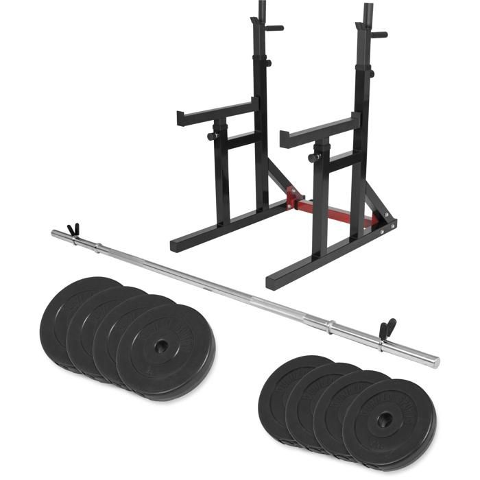 Multi Rack à squat et developpé couché règlable + barre longue 170cm + 30kg des poids en plastique