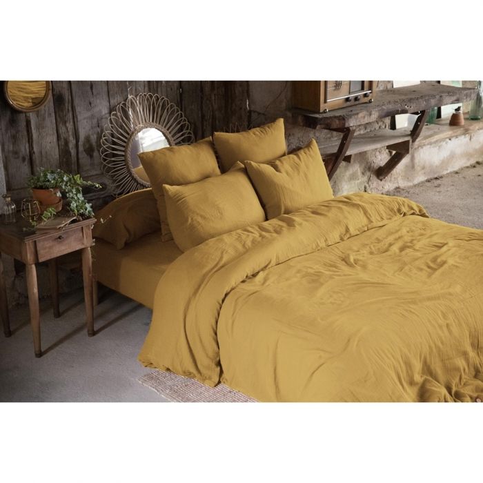 CDaffaires Pack gaze de coton parure de couette 260X240 cm + drap housse 160X200 + 2 taies 50X70 Jaune