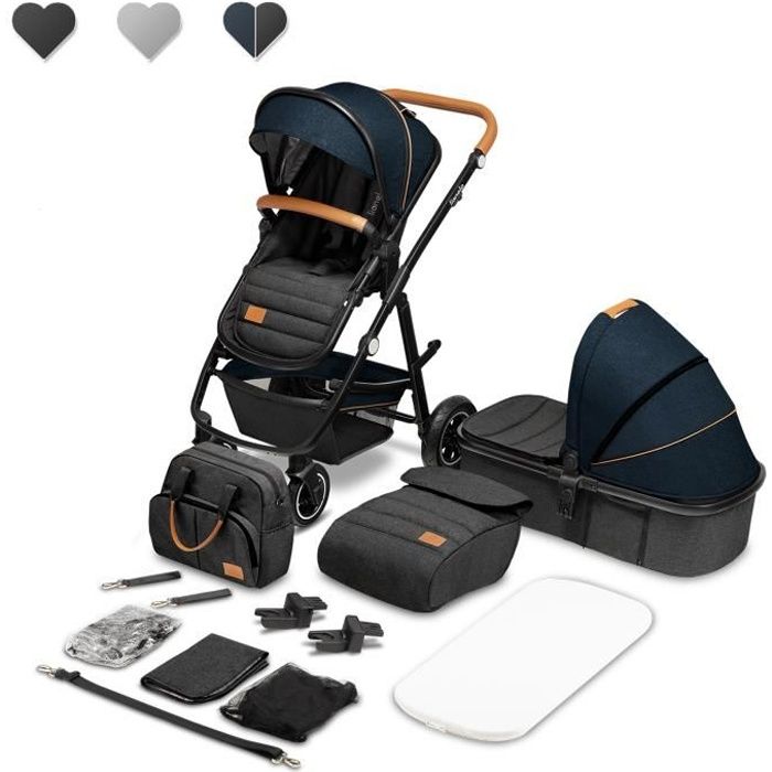 LIONELO Pack duo Poussette 2en1 bébé Amber avec nacelle sac et accessoires - Bleu