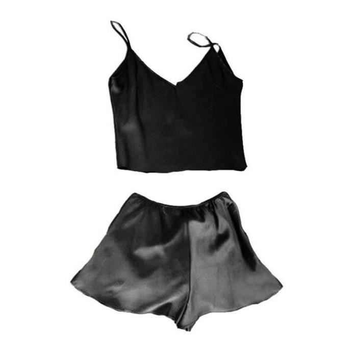 Femmes Mini Débardeur Crop Tops Shorts Set Couleur Unie Vêtements De Nuit Pyjamas Sexy - Taille XL (Noir) TUTU - JUSTAUCORPS