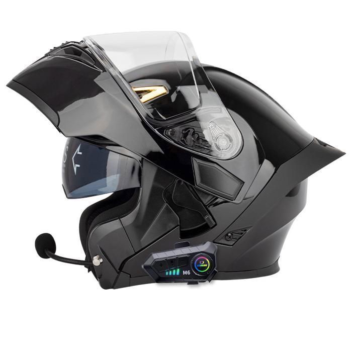 Casque de moto modulable double lentilles casque Bluetooth de sécurité hommes casque de scooter femmes, Noir brillant