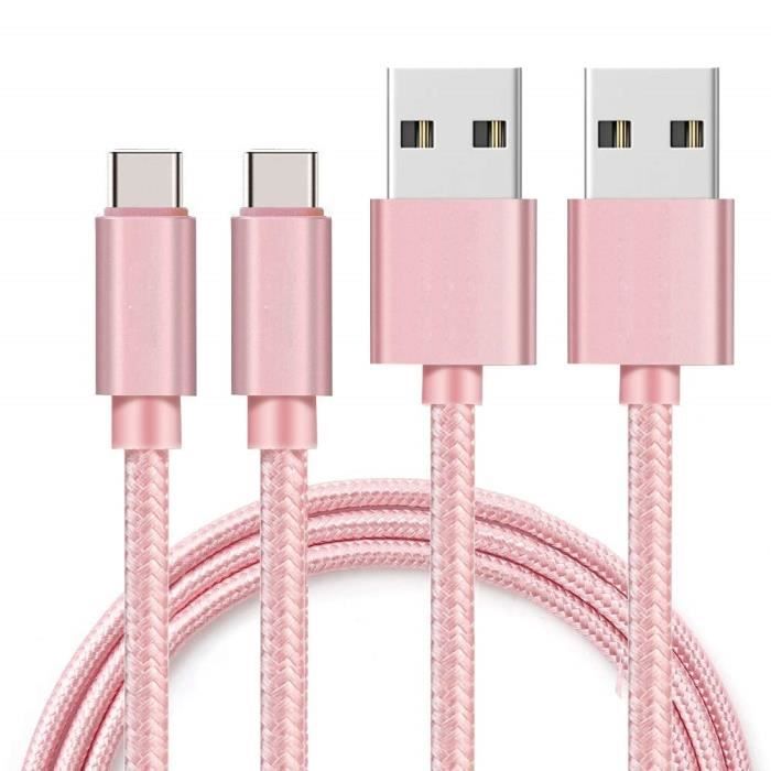 Cable USB-C pour Samsung Galaxy Tab S6 Lite 10.4 - Tab A 8.4 - Tab A7 10.4 - Tab A7 Lite 8.7 - Nylon Rose 1m [LOT 2] Phonillico®