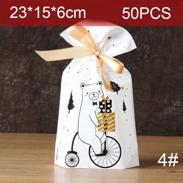 50Pcs Sacs cadeau de Noël avec cordon, Sac d'Emballage Coloré Pochette Cadeau Enfant pour Fête/Noël - Ours