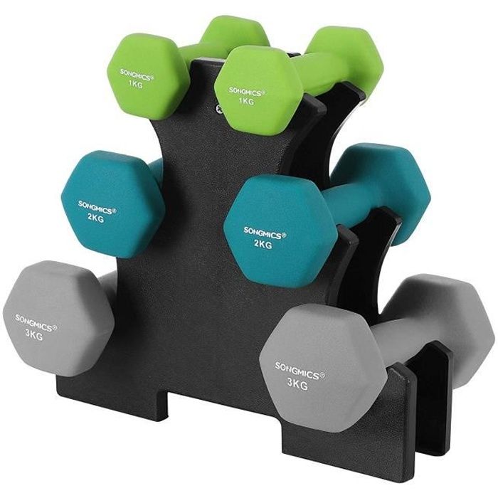 SONGMICS Set haltère, 3 Paires, 2 x 1 kg, 2 x 2 kg, 2 x 3 kg, Support de Rangement, Revêtement en néoprène antiglisse, SYL612GN