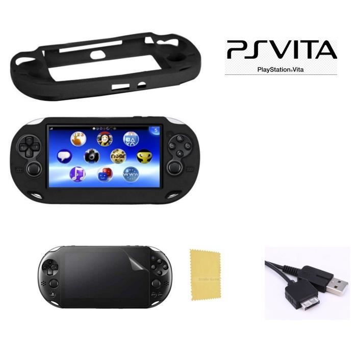 Pack 3 en 1 Sony PS Vita 1000 : Housse silicone noir - Câble chargeur synchroniation USB - Film Protection écrans