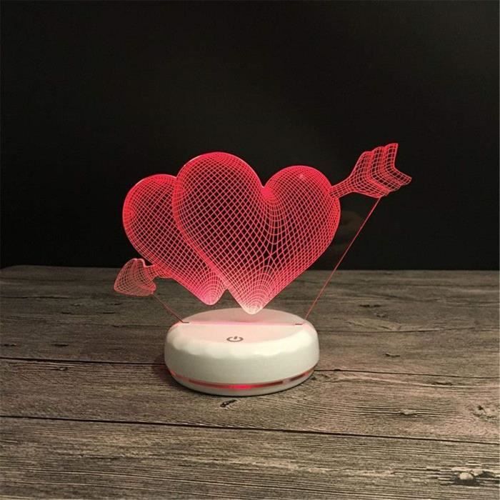 XM7388-Décoratif USB Coeur 3D Télécommande Optique ILLusion Veilleuse Lumineuse Blanc Couleurs Base Changement De Table