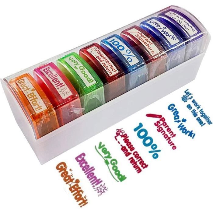 Lot De 8 Tampons Auto-encreurs Pour Enseignant - Messages Motivants En Français, Recharges 1000+ Impressions, Capuchon De Protection - 14