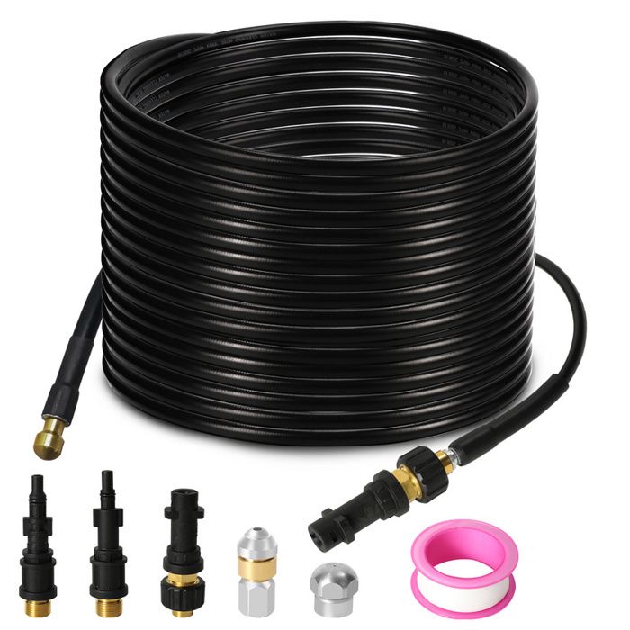 Tuyau Déboucheur Canalisation 15 M - Haute Pression 180 Bar, 60°C - Buse Rotative & Fixe, Compatible Kärcher K2 à K7