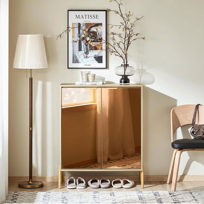 SoBuy Meuble d’Entrée Doré avec Miroir Buffet Commode Élégant à 5 Compartiments Réglables pour Salon Chambre 83x38x100cm