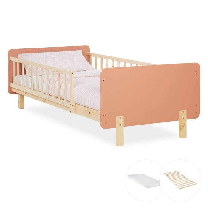 Lit Enfant Rouge 90x200 cm au Style Rétro en Pin Massif avec Matelas et Barrière
