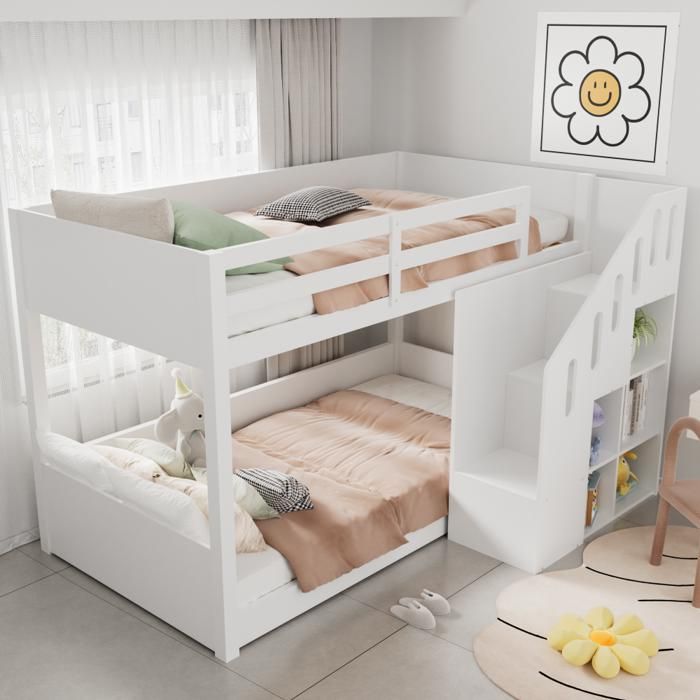 Lit superposé enfant 90x200cm lit double avec escalier armoires de rangement et barrières stables pin + MDF blanc