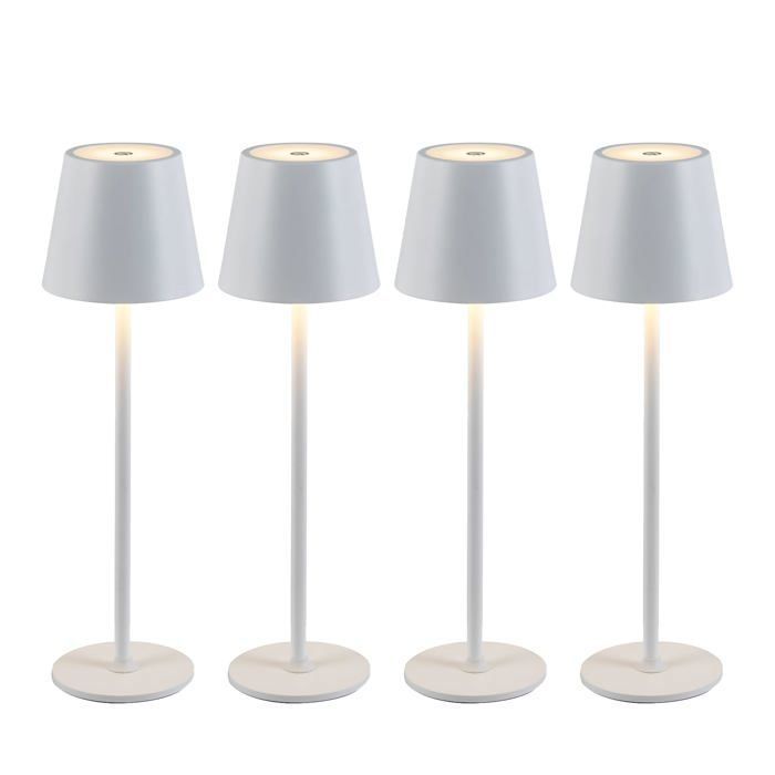 CATAVANA Lot de 4 Lampes de Table LED Sans Fil Rechargeables – Lampe Tactile Variateur USB-C IP44 Intérieur Extérieur Métal Blanc