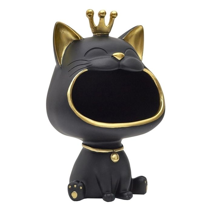 Figurine De Chat Miniature Cloisonné Noir - Vintage Art Déco Sur Socle Bois