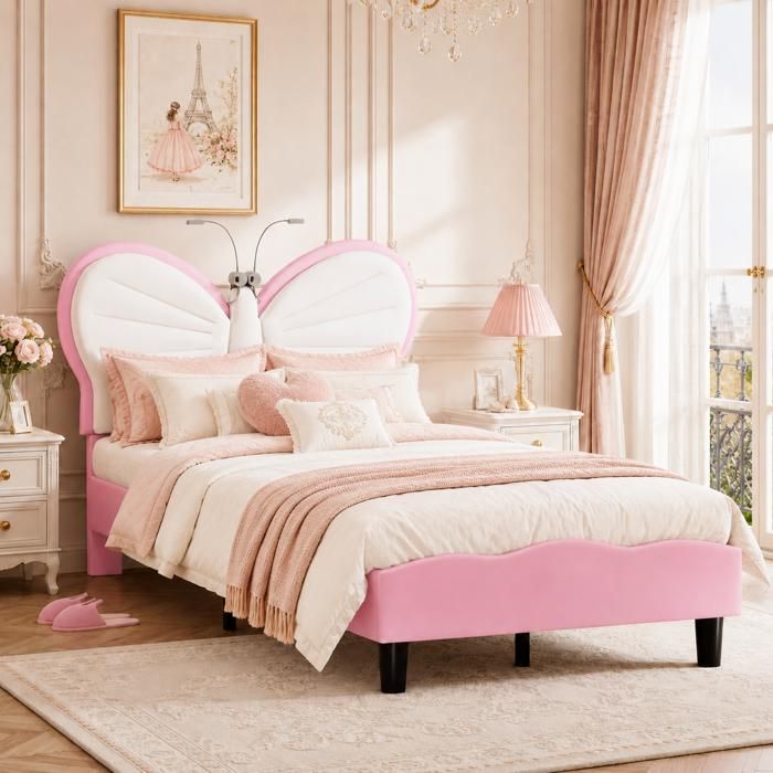Lit Enfant rembourré 90x200 avec Tête de Lit Lits Princesse Fille avce LED Tête de lit papillon avec hauteur réglable rose