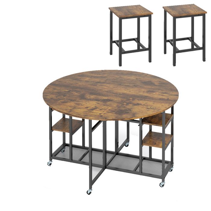 Table à Manger avec 2 Chaises - RELAX4LIFE - Plateau Extensible - 6 Roulettes Universelles - Table Ronde Pliante - Porte-Bouteille