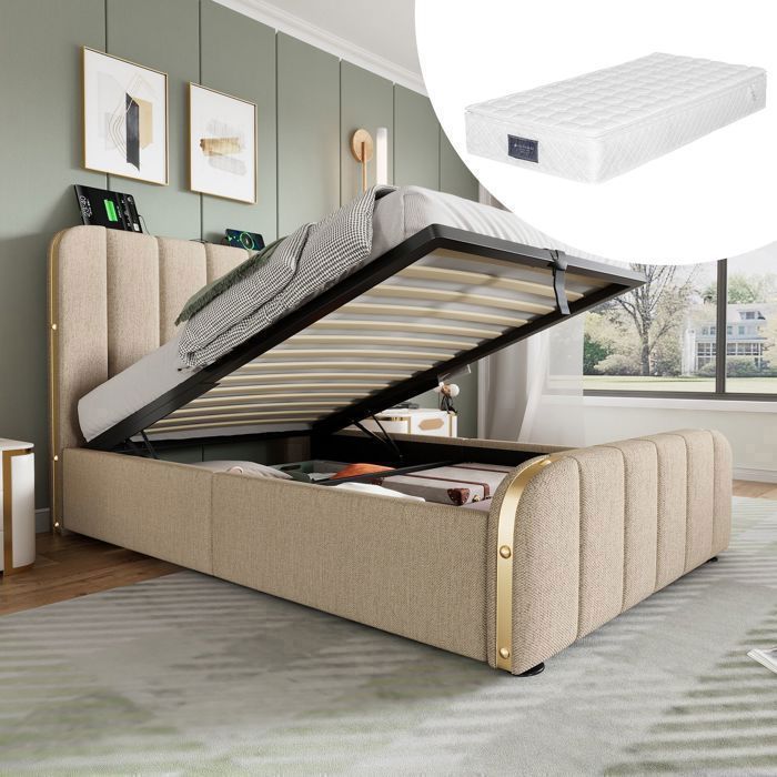Lit coffre - SOGEU - 90x200 cm - Tissu lin beige - Matelas 7 zones 25 cm - Ports USB/Type-C