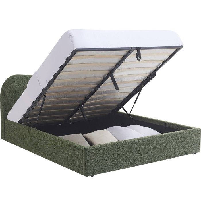 Lit coffre adulte 140x190 cm avec tête de lit matelassée en tissu bouclé vert - Suzon Lit coffre adulte 140x190 cm avec tête de lit matelassée en tissu bouclé vert - Suzon