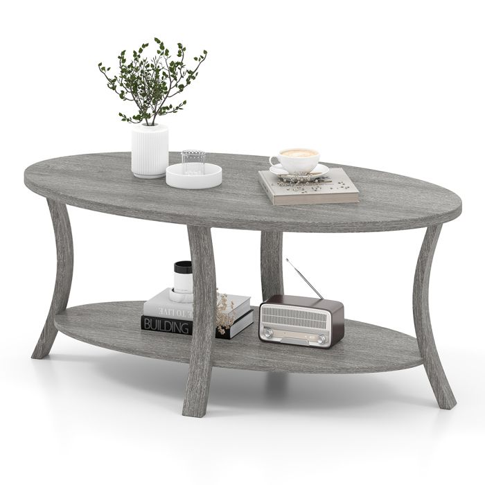 Table Basse Ovale à 2 Niveaux COSTWAY Table Basse Bois dHévéa Étagère de Rangement Table Basse Salon Charge 160 kg Gris