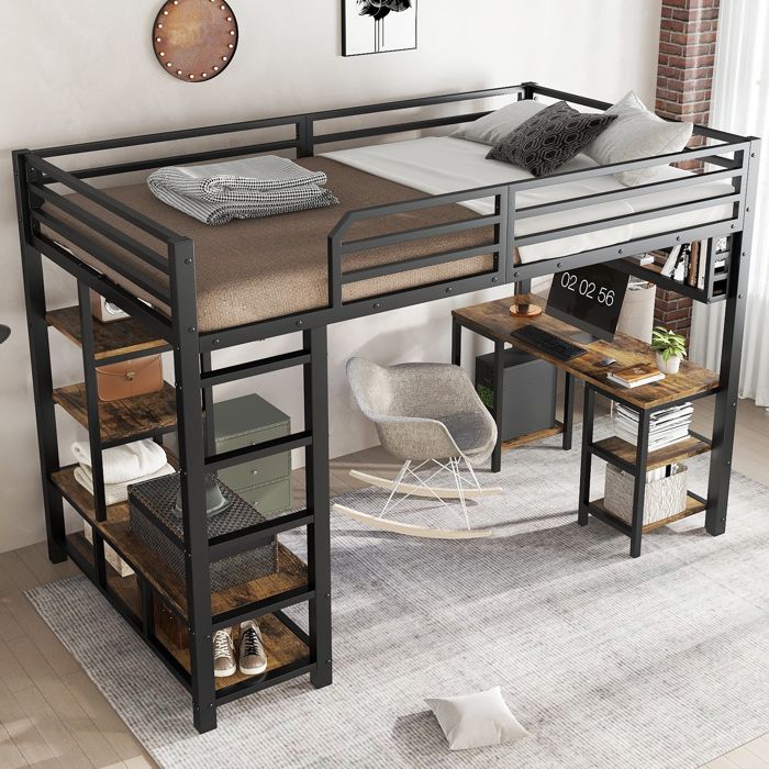 Lit mezzanine 120x200 cm - Avec bureau et étagère de rangement - Avec échelle de sécurité à 4 marches - Noir (sans matelas) Lit mezzanine 120x200 cm - Avec bureau et étagère de rangement - Avec échelle de sécurité à 4 marches - Noir (sans matelas)
