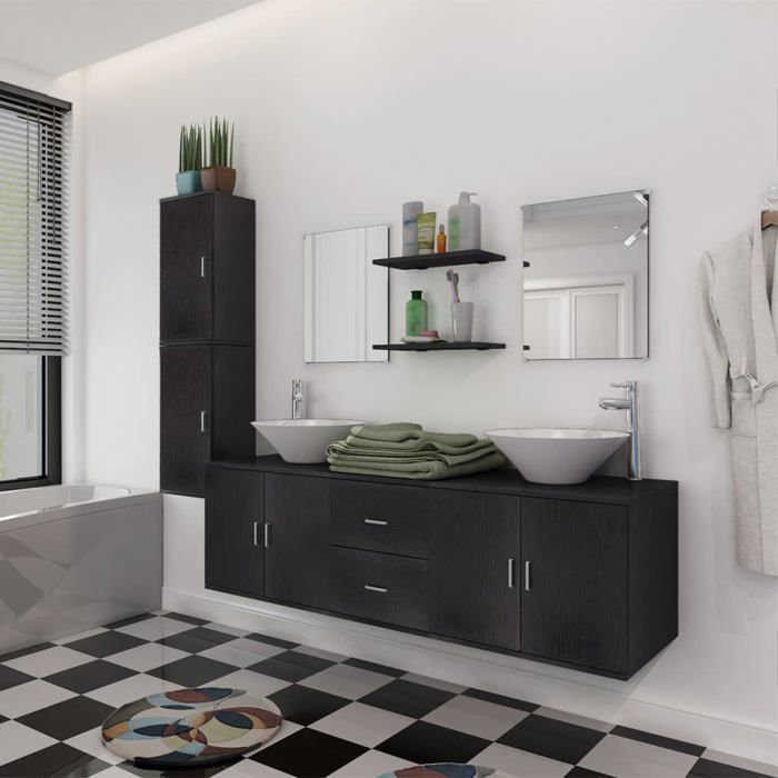 Mobilier de salle de bain - vidaXL - 9 pcs - Noir - Lavabo double