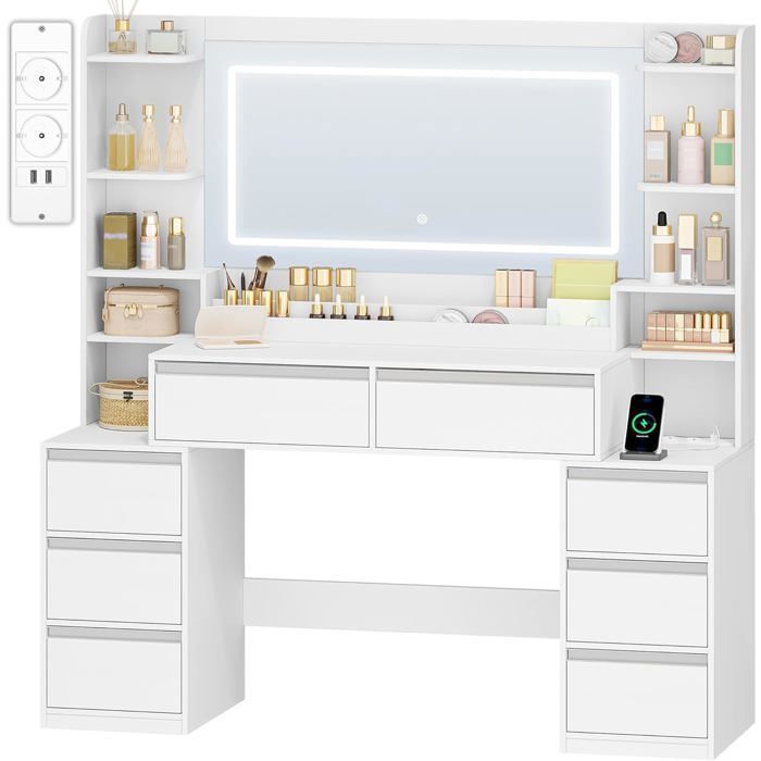 135cm Coiffeuse avec Miroir3 Lumières LED à Luminosité RéglablePrises de CourantSupport pour Sèche-Cheveux8 TiroirsBlanc-Argent