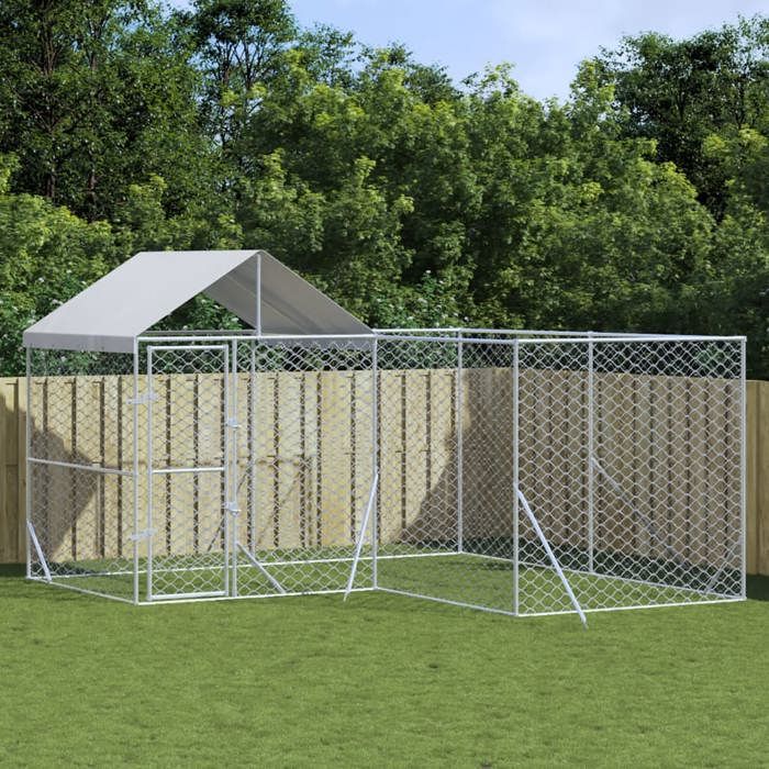 Chenil dextérieur pour chiens - vidaXL - Toit argenté - 4x4x25 m - Acier galvanisé - Porte verrouillable