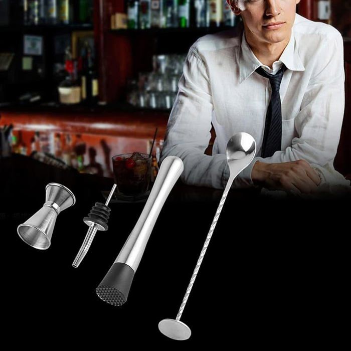 Lot 4 Cuillères à Cocktail Longues 30cm Acier Inoxydable - Mélangeurs Argentés Pour Bar Et Cuisine