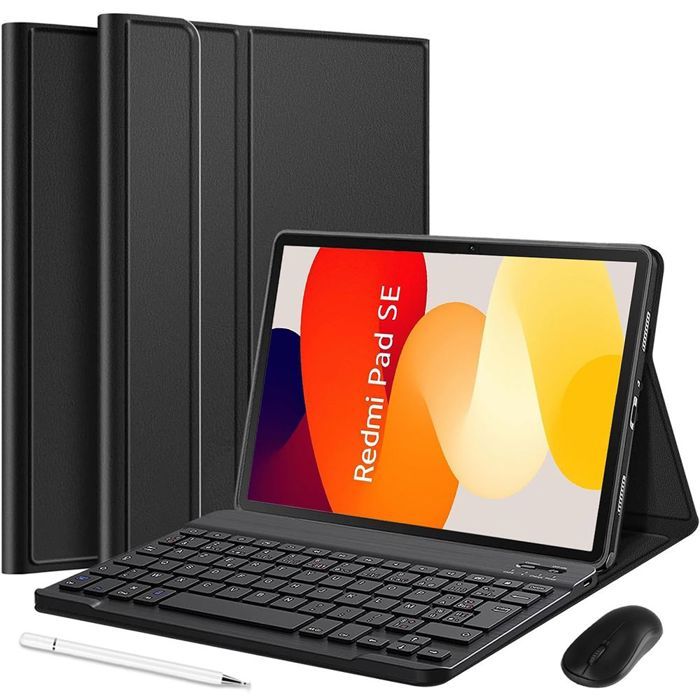 Coque Clavier pour Xiaomi Redmi Pad SE 11 Pouces Synthécuir Noir avec Clavier + Stylet + Souris