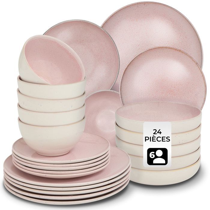 Service - TECTAKE - Set de vaisselle MARE 24 pièces en faïence émaillée 6 personnes fait main compatible lave-vaisselle - Rose