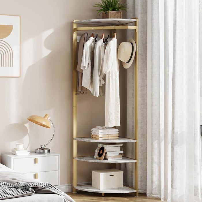 Armoire dangle 3 en 1 - LUNSY - 50x50x180 cm - Or - Portant - Range-chaussures - Étagère de rangement