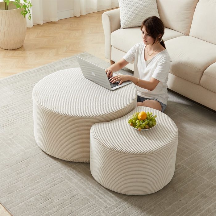 Table basse pouf ronde 2 pièces - Rembourrée en mousse design moderne - Sans assemblage pour salon
