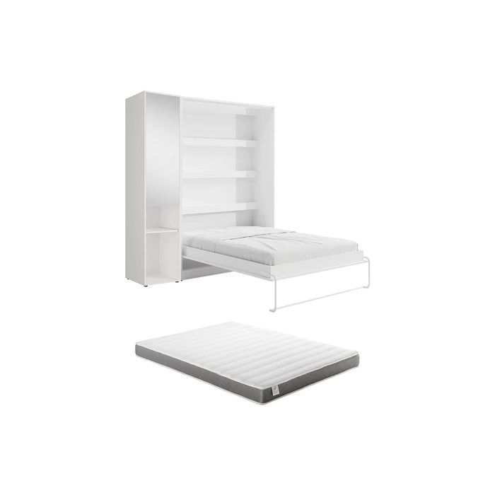Lit escamotable vertical 140 x 200 cm - 1 colonne de rangement - Avec miroir et LEDs - Blanc + Matelas - RAPILI