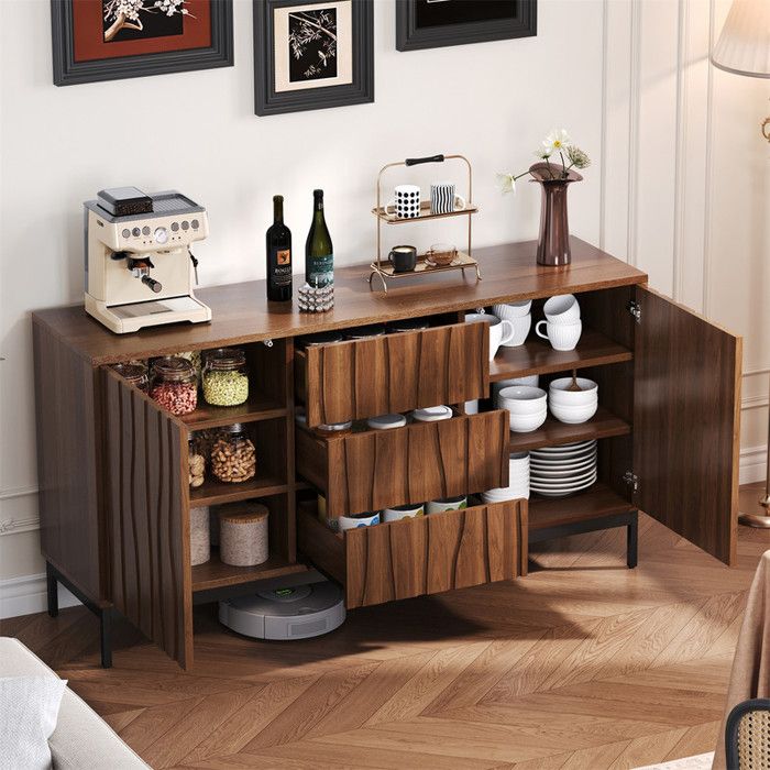 Buffet Salle à Manger Bois Noyer Foncé 150 cm Push-to-Open Buffet Bas Salon 3 Tiroirs et 2 Portes Pieds Hauts Métal Moderne