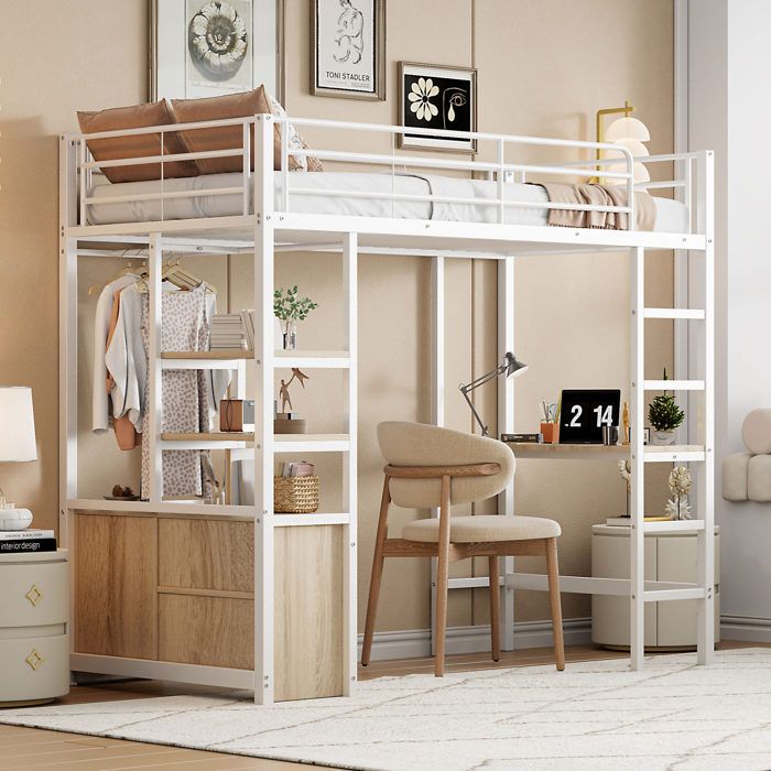 MEUBLIV Lit mezzanine enfant 90x200cm avec bureau placards de rangement ouverts et port USB métal blanc