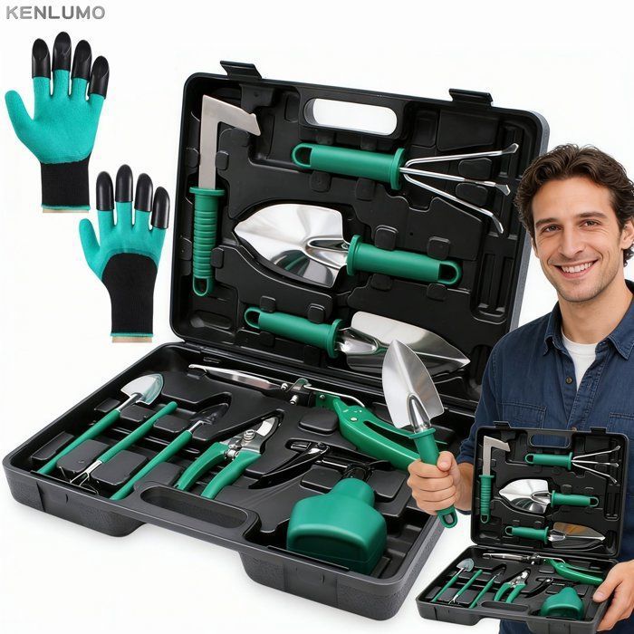 Outils de Jardinage inox 11 PCS Kit jardinage le travail du sol avec 1 Paire Gants de Jardiange et Etui pelle rateau beche arrosoir