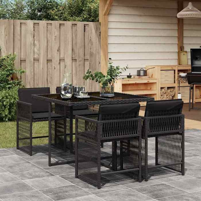 Noir Ensemble à manger de jardin coussins 5pcs Noir Résine tressée - Salons de jardin H4431