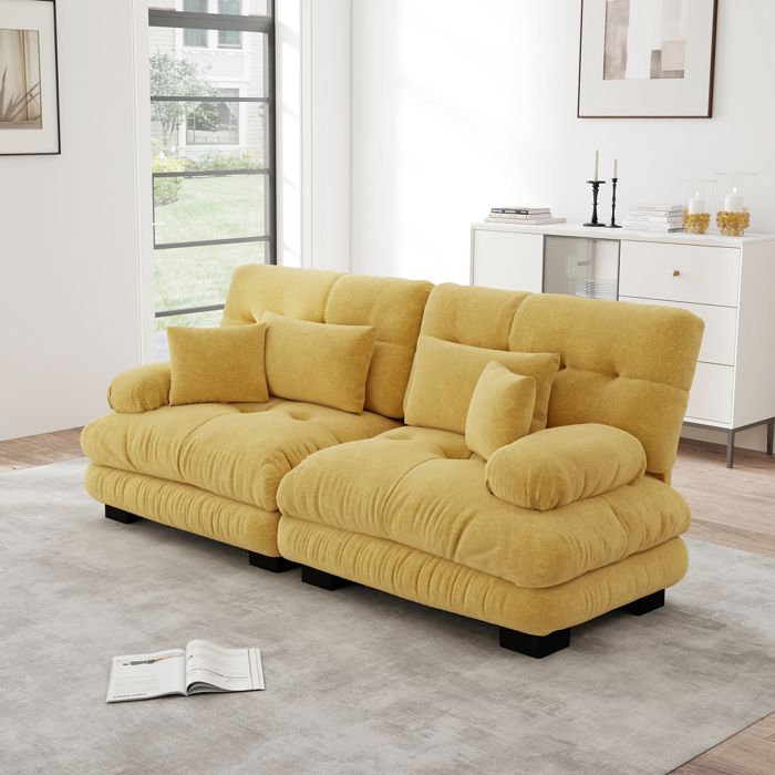 Canapé 2 Places en Chenille avec 2 Coussins lombaires et 2 Coussins décoratifs canapé sectionnel Cloud cadre en bois massif jaune