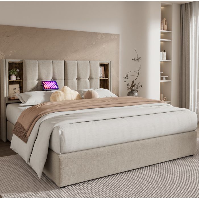 Lit coffre 140 × 200 cm en lin naturel avec chargement sans fil et USB-C