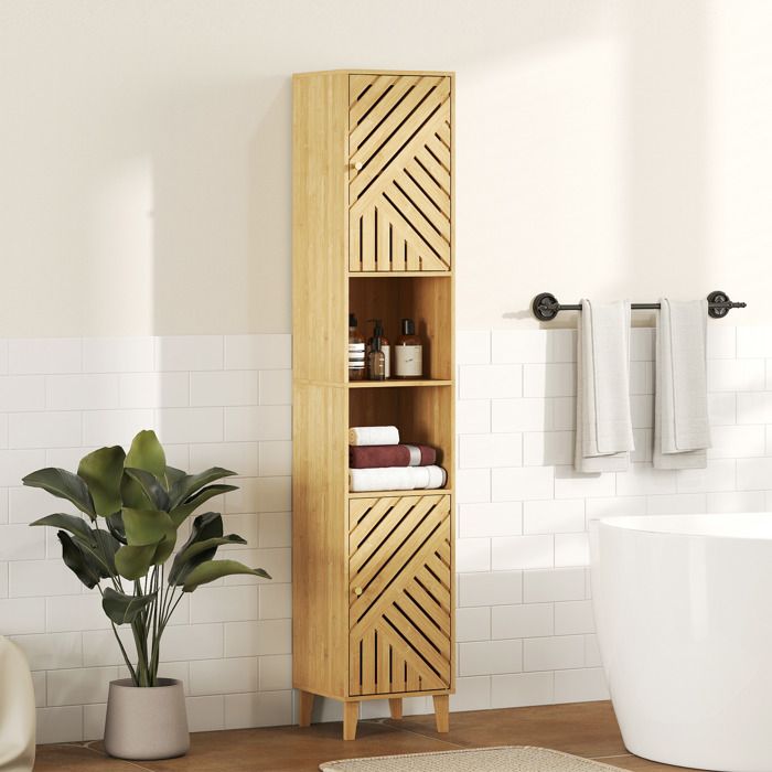 MOTHINESSTO4538-Armoire salle de bain meuble de rangement colonne portes en bambou étagères réglables 32x30x170cm bois naturel