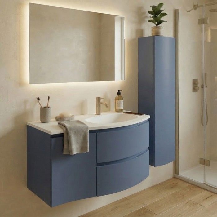 ARMONIA Meuble vasque encastrée L. 105 cm bleu-mer avec extension à gauche + 1 colonne murale ARMONIA Meuble vasque encastrée L. 105 cm bleu-mer avec extension à gauche + 1 colonne murale