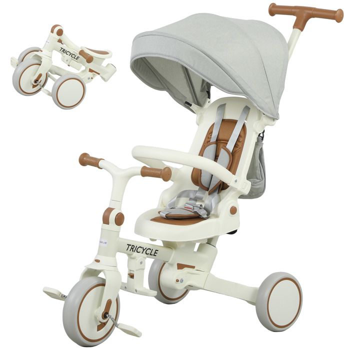 LIA Tricycle bébé évolutif 5en1 pliable poignée réglable capote amovible 1-3 ans crème