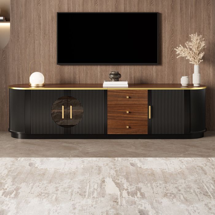 Meuble TV bas 180 cm avec 3 Portes et 3 Tiroirs Grand Rangement Salon Verre Marron et Poignées Aluminium MDF Noir