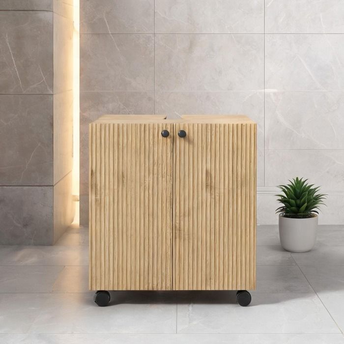 Meuble sous vasque scandinave en bois naturel 3 étagères portes à fermeture douce et roulettes salle de bain