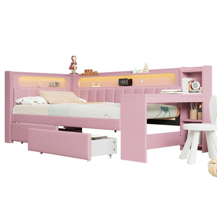 Lit jour capitonné - Zephmum - 90x200 USB LED bureau 2 tiroirs rose