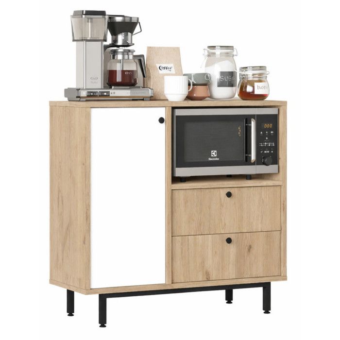 Meuble micro-ondes - ACTUAL DIFFUSION - Pause-Café - Chêne et blanc - 1 porte 2 tiroirs - L88 x P35.5 x H85 cm Meuble micro-ondes - ACTUAL DIFFUSION - Pause-Café - Chêne et blanc - 1 porte 2 tiroirs - L88 x P35.5 x H85 cm