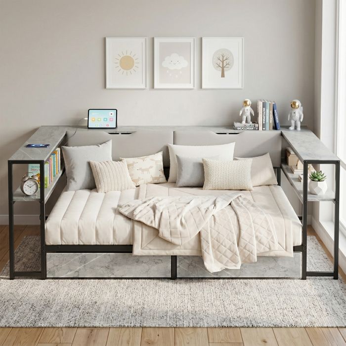 Lit banquette 140x200 cm-canapé-lit-2 tiroirs-6 rangements-USB/USB-C-sommier métal-tissu lin-Gris béton-sans matelas