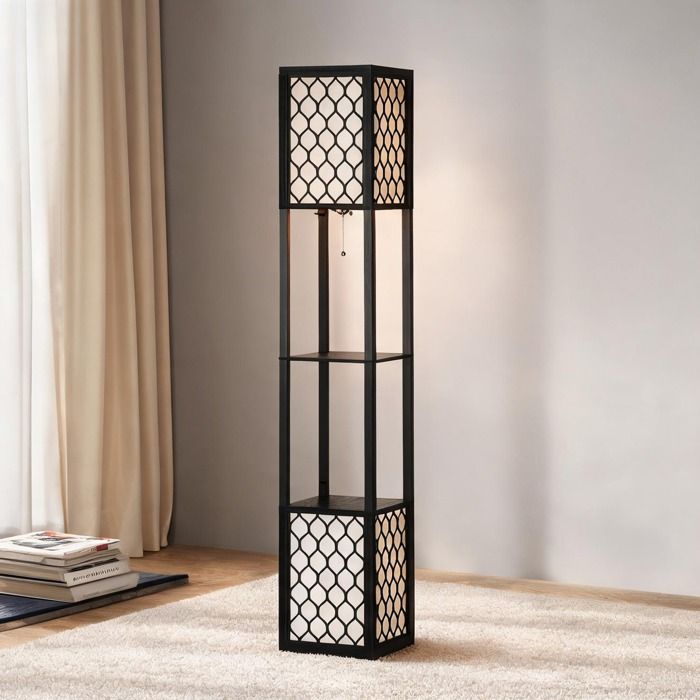Lampe sur pied noir moderne avec étagères intégrées et double éclairage E27 MDF noir 156 cm