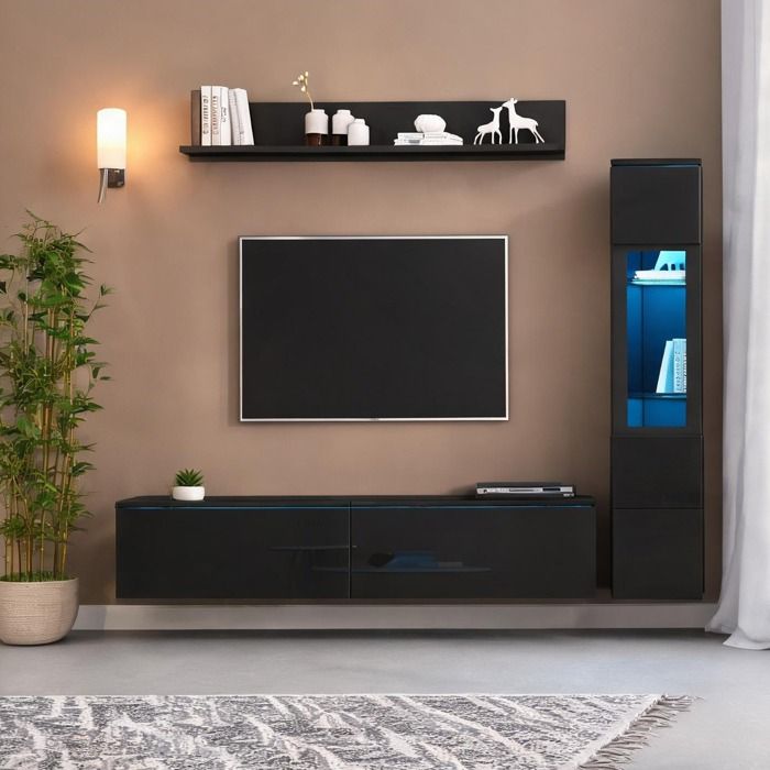 Ensemble mural TV 3 pièces avec LED – Meuble TV vitrine et étagère en panneau laqué noir profond