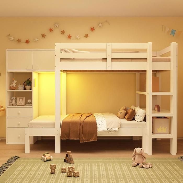 Lit superposé - KOMHTOM - 90x200 cm - LED intégrée - 3 tiroirs armoire et étagères - Bois blanc